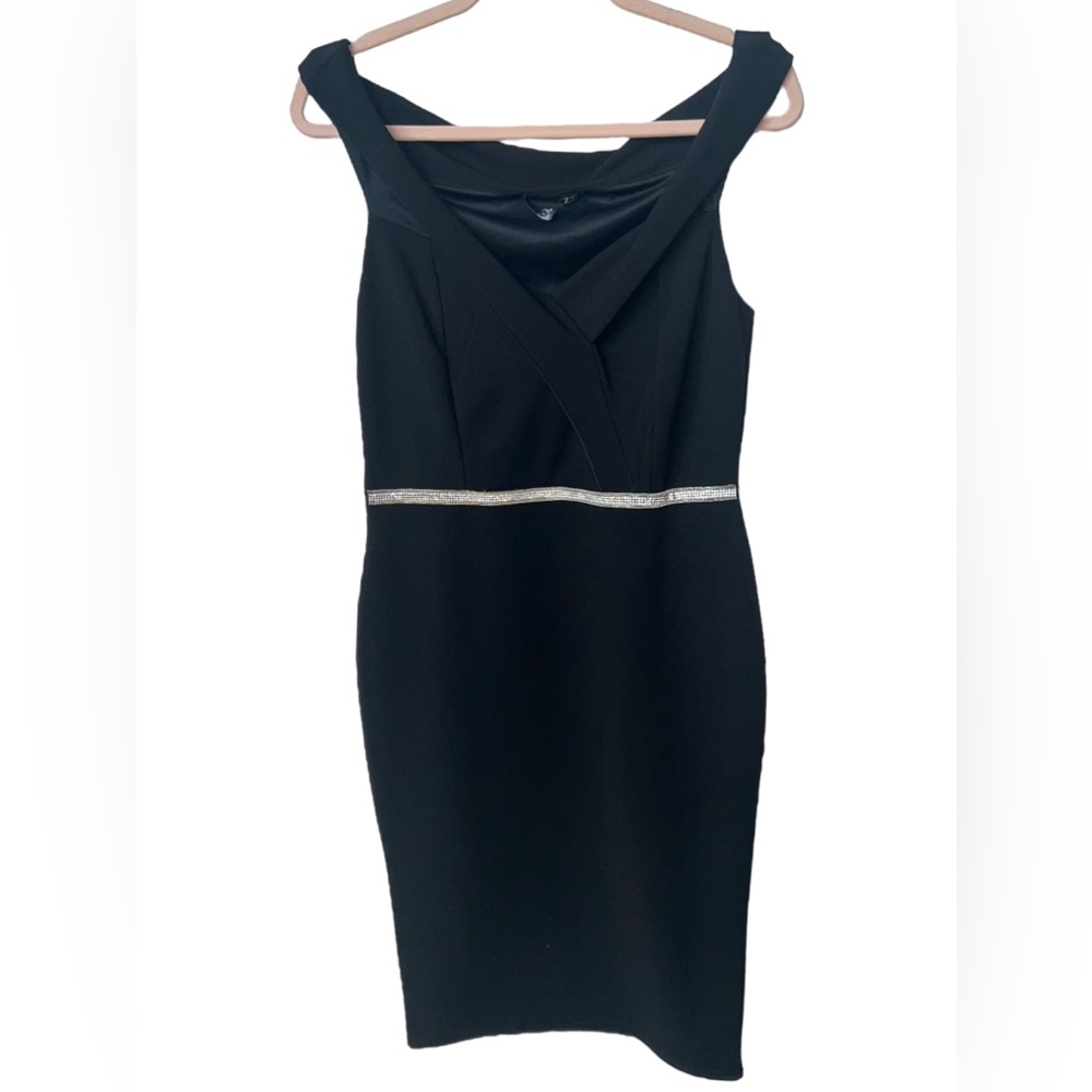 Quiz Black Off Shoulder Sheath Dress w/ Rhinestone Belt line